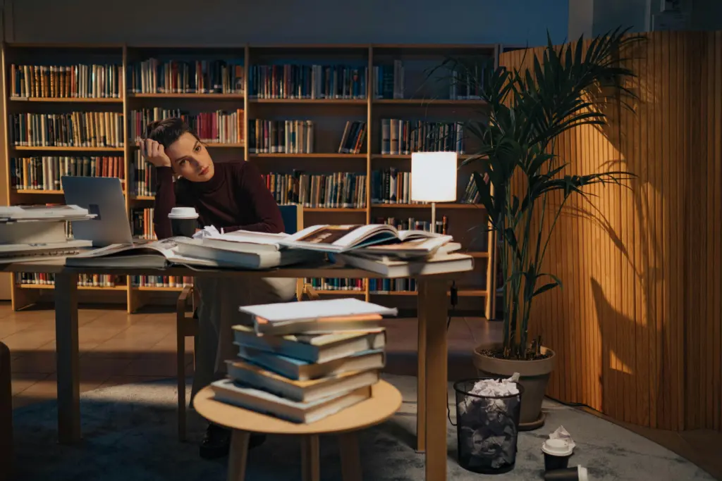A young woman sits at a cluttered desk in a library, surrounded by books and a laptop.