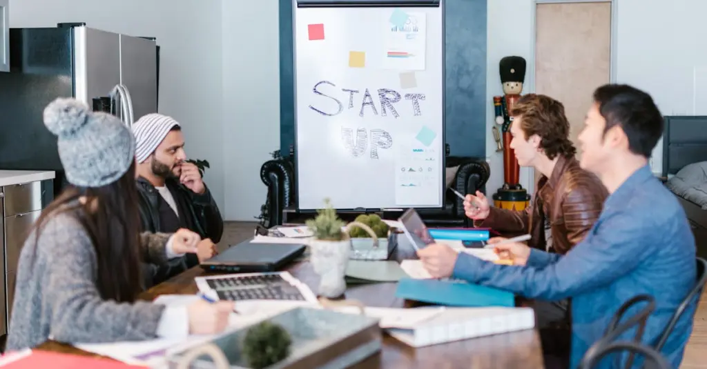 A diverse group of adults working around a table in a startup office, planning and discussing ideas.